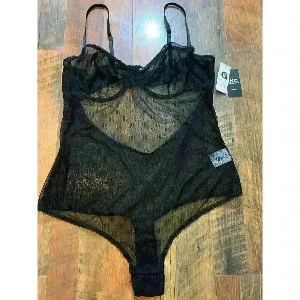 INC International Concepts Sheer Logo Print Thong‎ Bodysuit Teddy UW Women XXL
